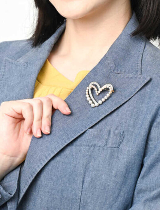 ダブルハートラインストーンパールブローチ