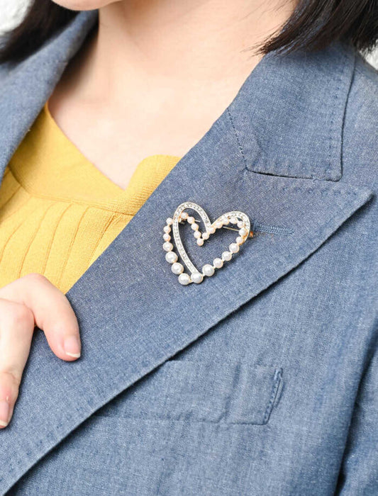ダブルハートラインストーンパールブローチ