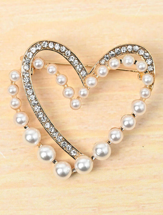 ダブルハートラインストーンパールブローチ