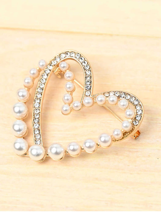 ダブルハートラインストーンパールブローチ