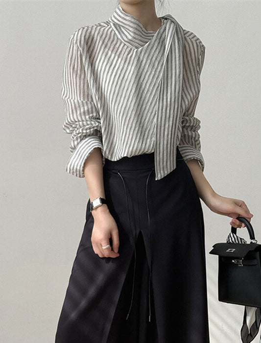 ストライプ柄×リボンネックブラウス