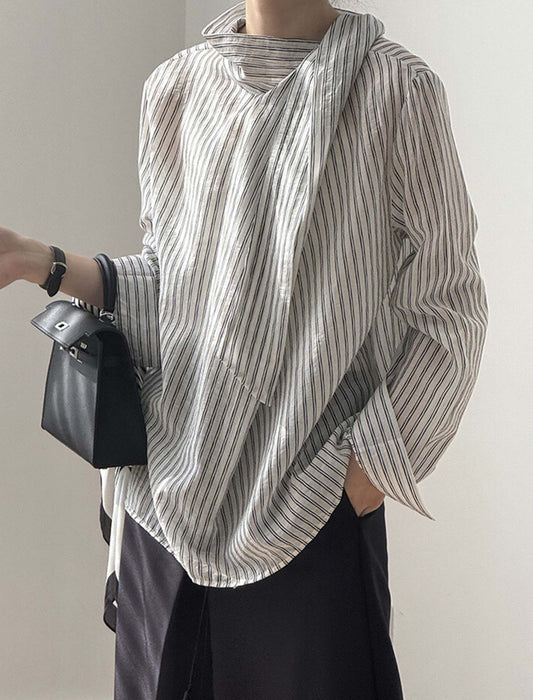 ストライプ柄×リボンネックブラウス