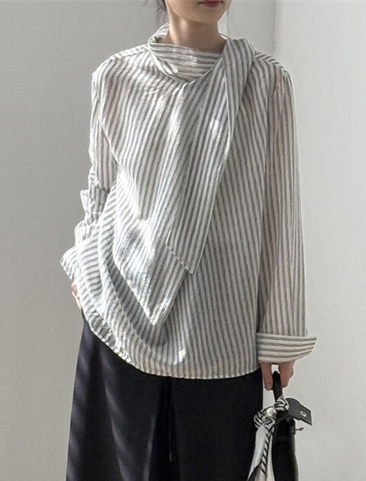 ストライプ柄×リボンネックブラウス