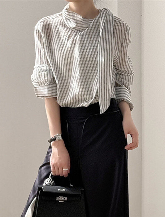 ストライプ柄×リボンネックブラウス
