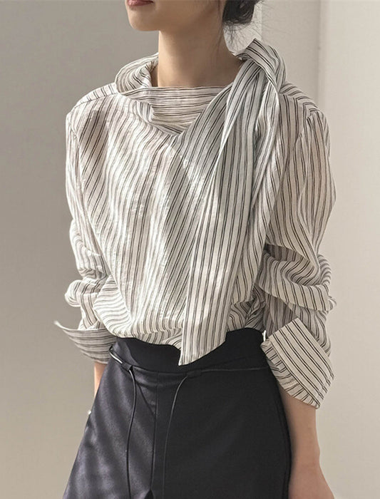 ストライプ柄×リボンネックブラウス