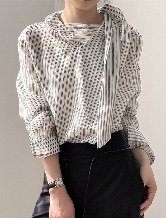 ストライプ柄×リボンネックブラウス