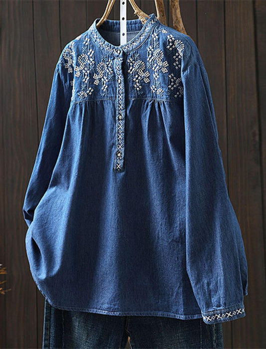 オリエンタル刺繍入りデニムプルオーバーシャツ　