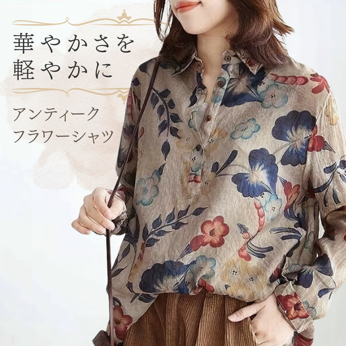アンティークフラワープリント柄オーバーシャツ