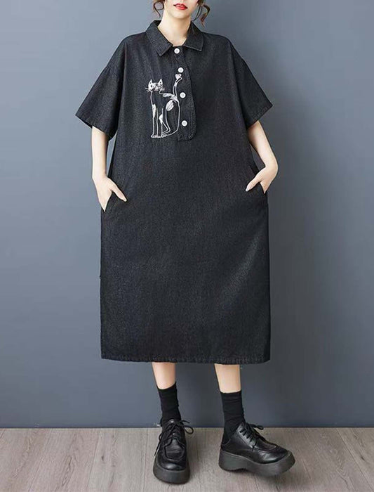 ゆったりネコモチーフ付きワンピース