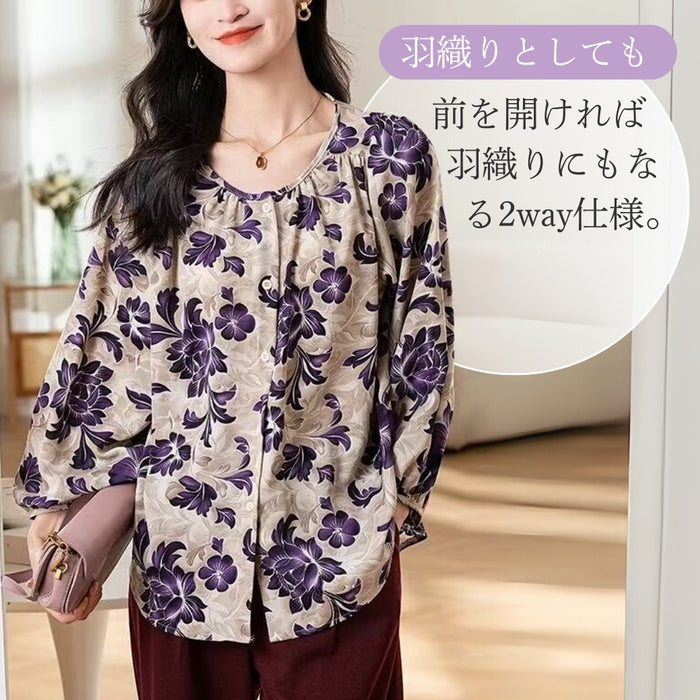 アウターにもなるフラワープリントブラウス
