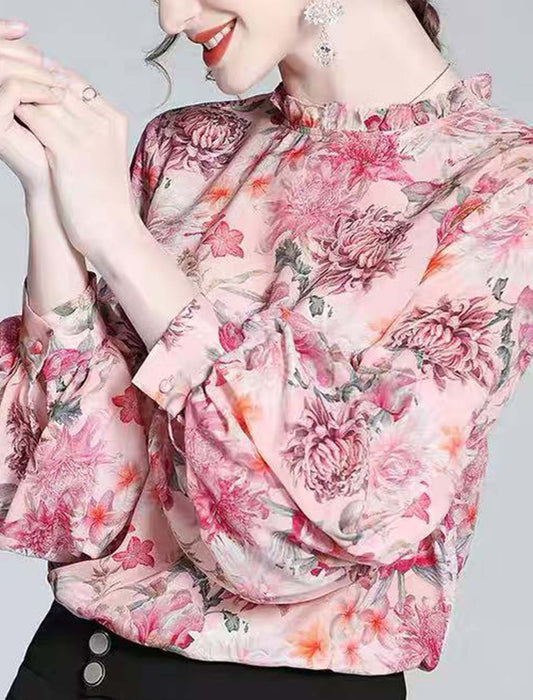 エレガントフラワープリントブラウス　