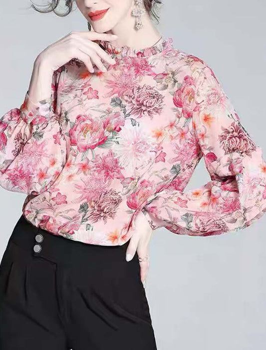 エレガントフラワープリントブラウス　