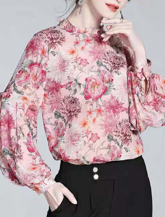 エレガントフラワープリントブラウス　