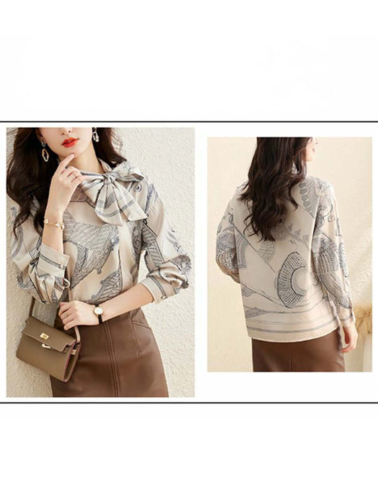 リボンタイプリントブラウス