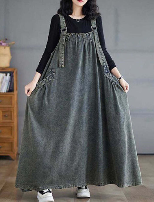 ウォッシュ加工サロペ・デニムワンピース