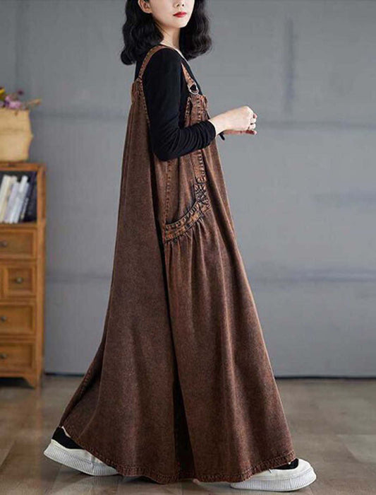 ウォッシュ加工サロペ・デニムワンピース