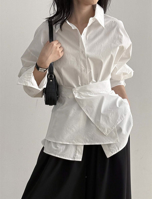 エプロン取り外し可能 チュニック丈シャツブラウス　