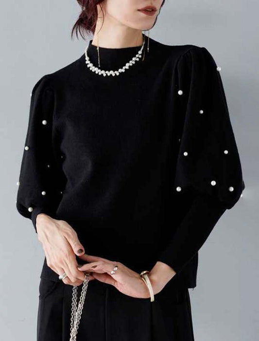 袖イミテーションパール付きニット