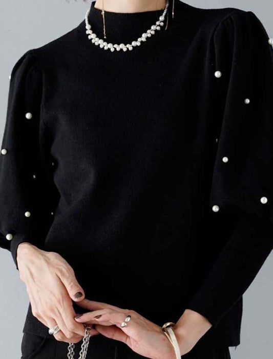 袖イミテーションパール付きニット