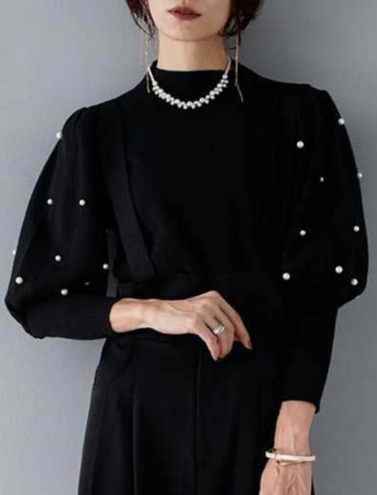 袖イミテーションパール付きニット