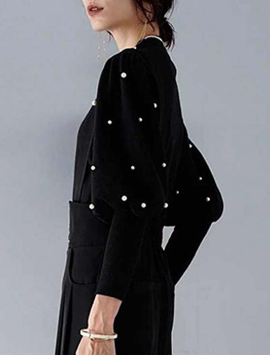 袖イミテーションパール付きニット