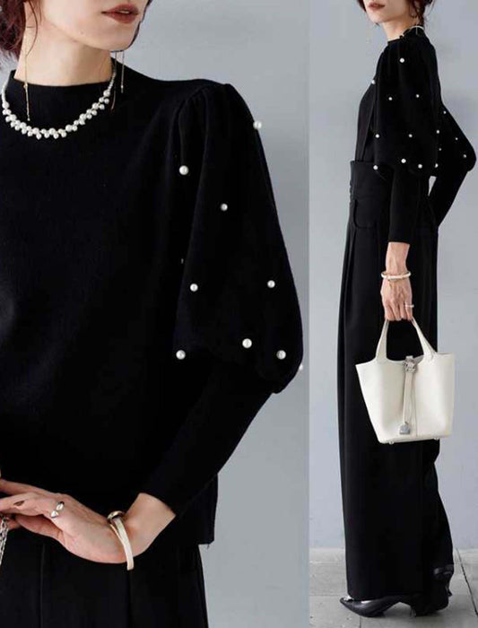 袖イミテーションパール付きニット