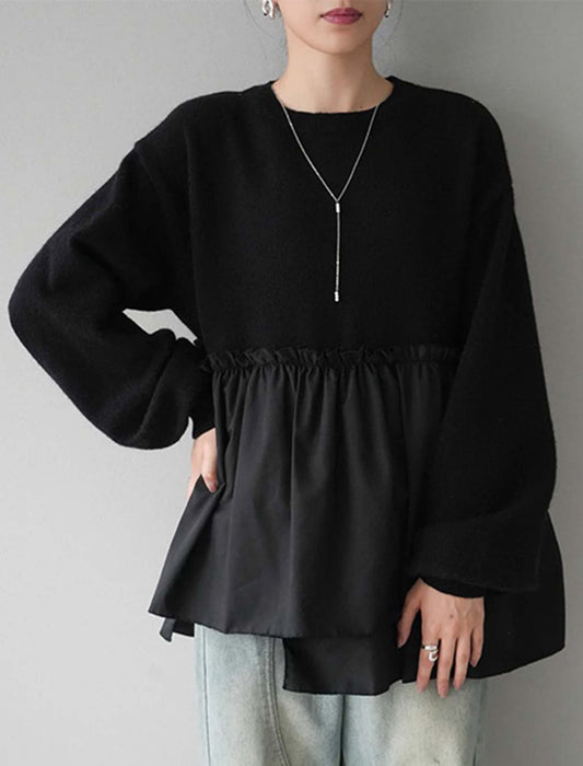 バルーンスリーブ裾フリルニットセーター