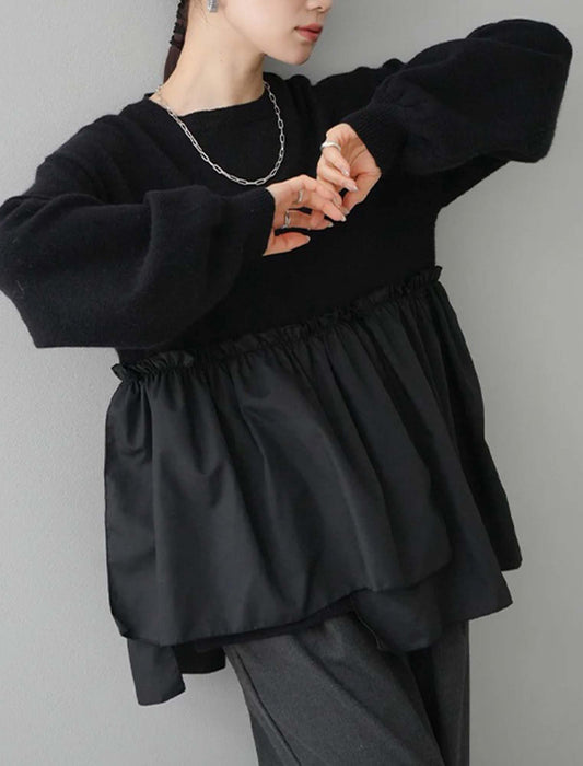 バルーンスリーブ裾フリルニットセーター