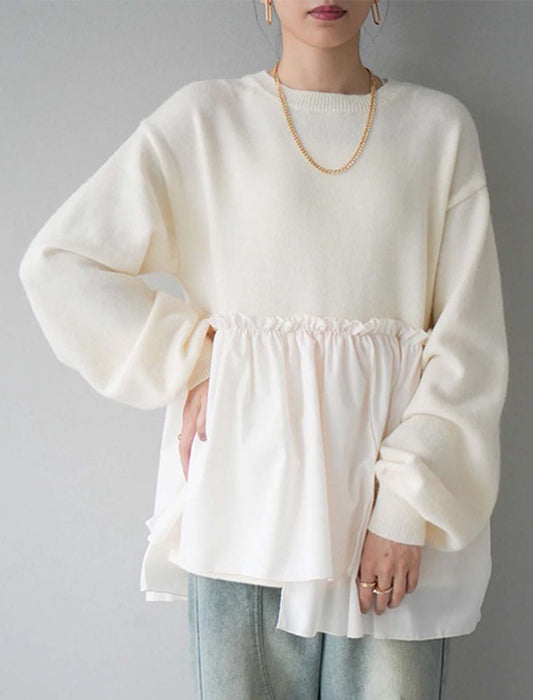 バルーンスリーブ裾フリルニットセーター