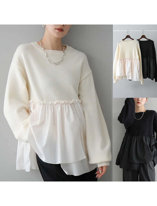 バルーンスリーブ裾フリルニットセーター
