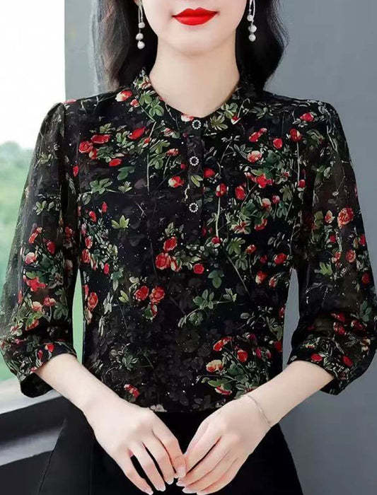 ローズプリントラメ入りブラウス