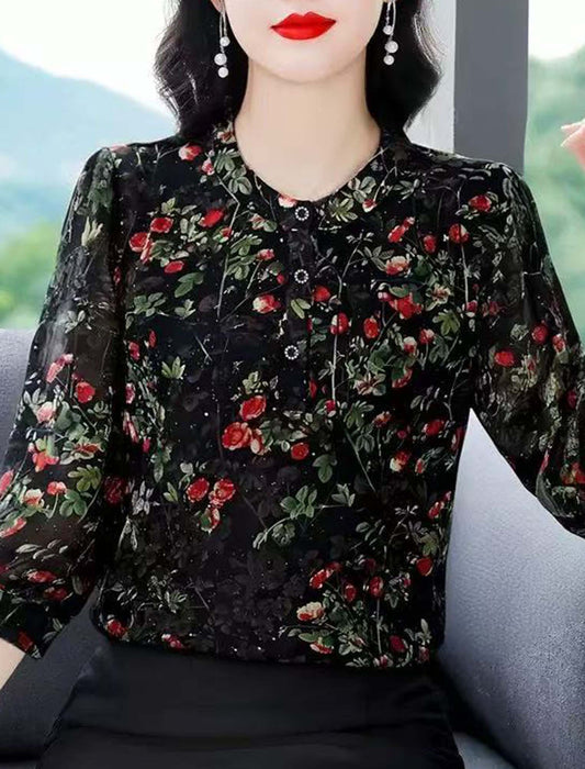 ローズプリントラメ入りブラウス