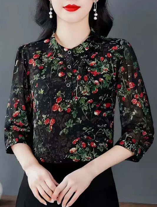 ローズプリントラメ入りブラウス