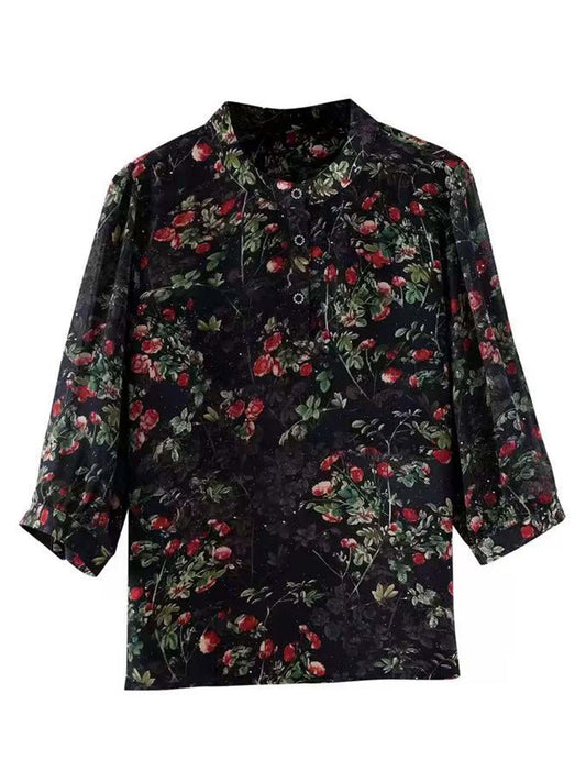 ローズプリントラメ入りブラウス