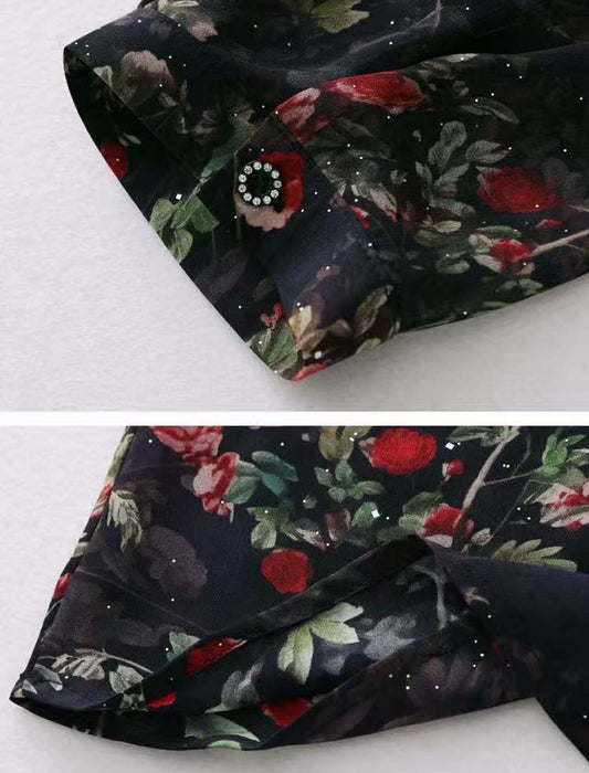 ローズプリントラメ入りブラウス