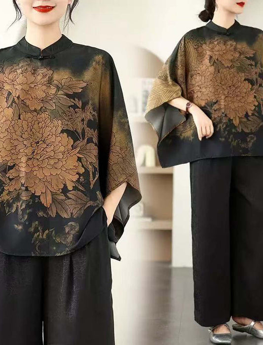 大花モチーフエレガントブラウス