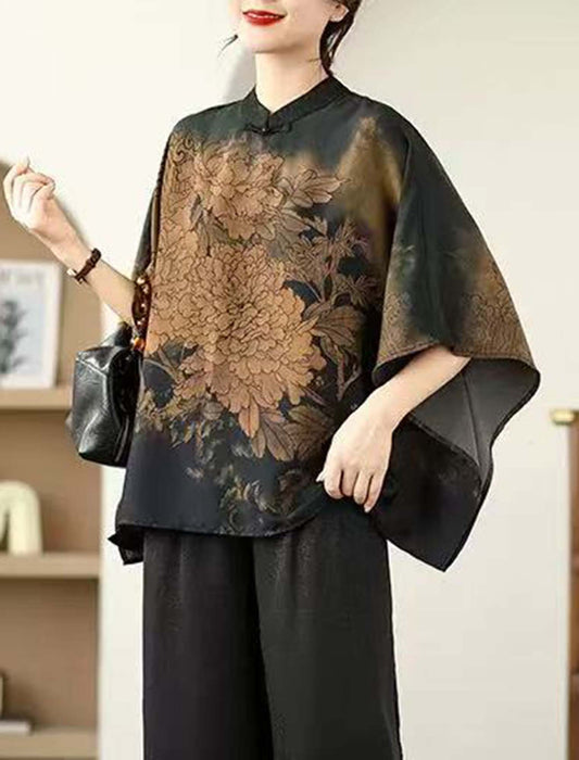 大花モチーフエレガントブラウス