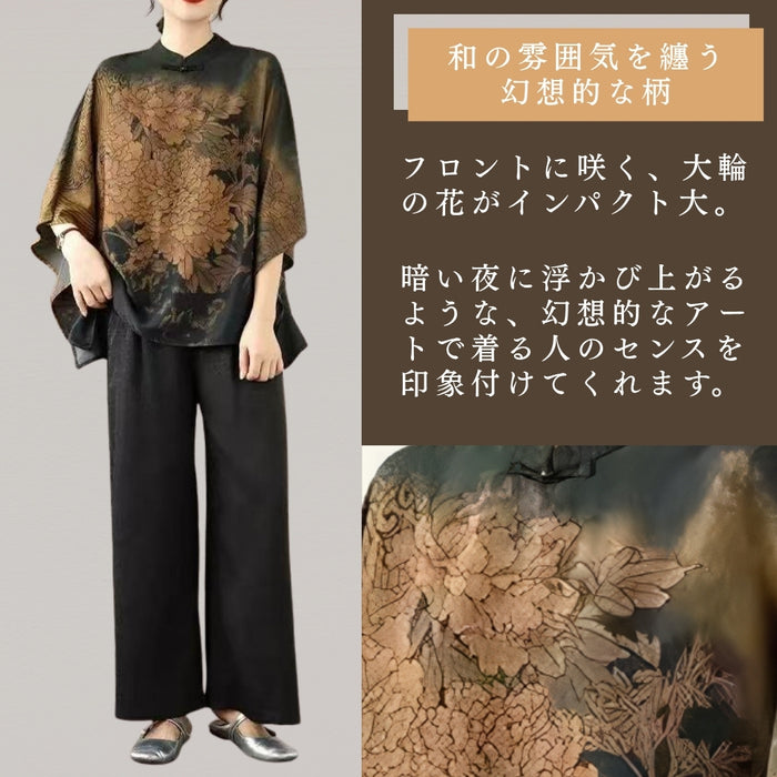 大花モチーフエレガントブラウス