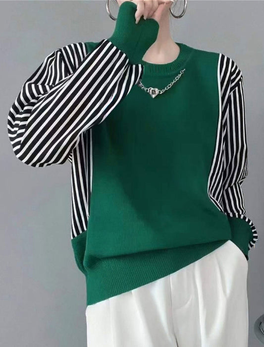 袖ストライプ切替ニットプルオーバー　
