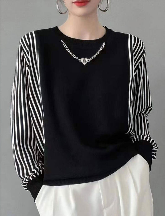 袖ストライプ切替ニットプルオーバー　