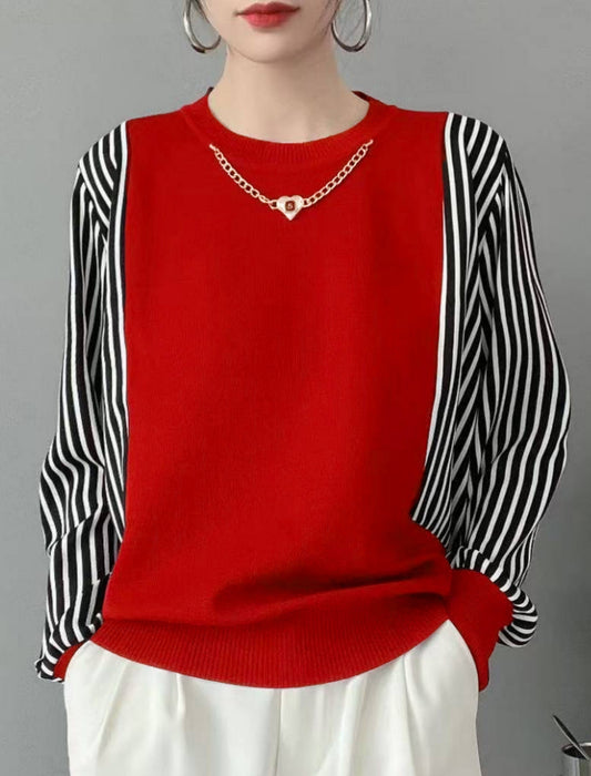 袖ストライプ切替ニットプルオーバー　