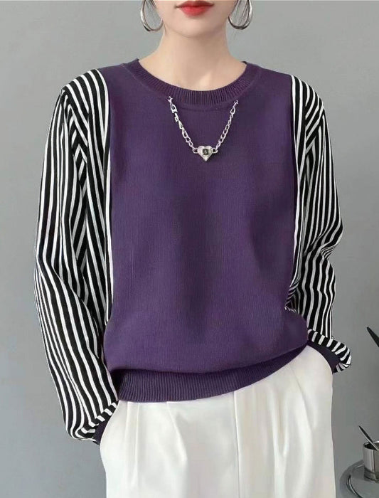 袖ストライプ切替ニットプルオーバー　