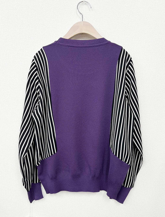 袖ストライプ切替ニットプルオーバー　
