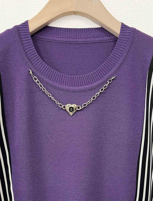 袖ストライプ切替ニットプルオーバー　