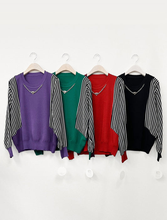 袖ストライプ切替ニットプルオーバー　