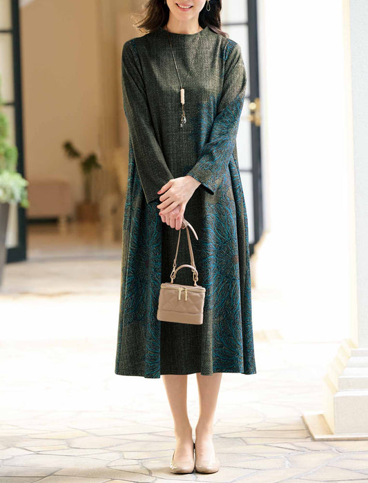 【受注】起毛素材ボトルネックプリントワンピース　