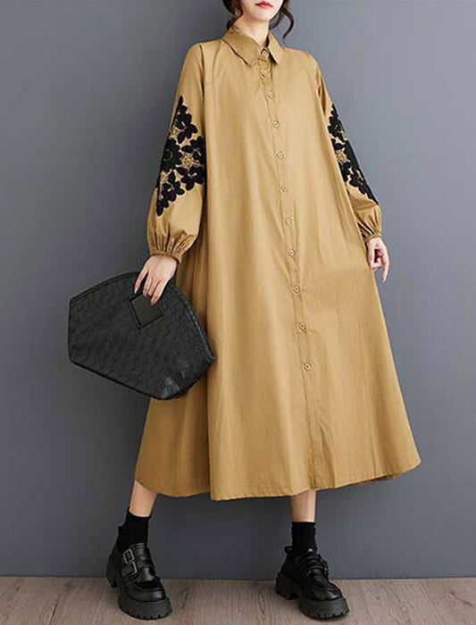 モード系Aライン袖プリント柄シャツワンピース