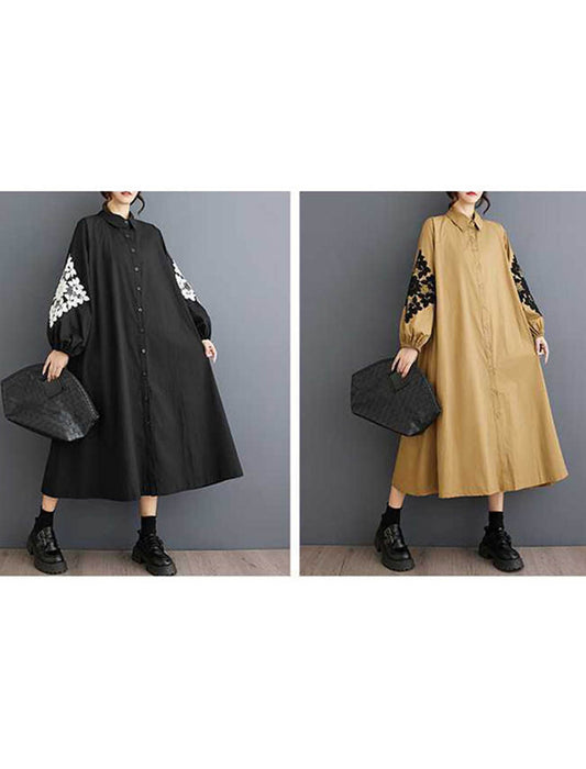 モード系Aライン袖プリント柄シャツワンピース