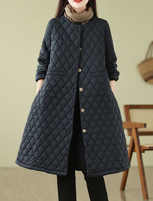 ノーカラーウエスト絞りキルティングコート