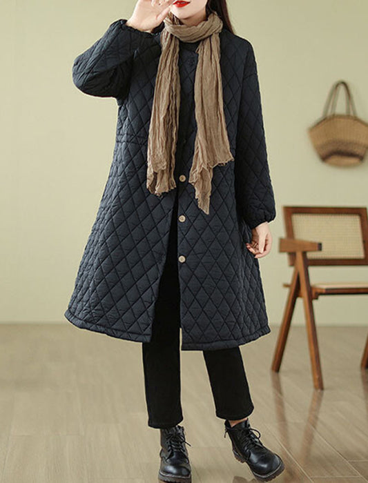 ノーカラーウエスト絞りキルティングコート